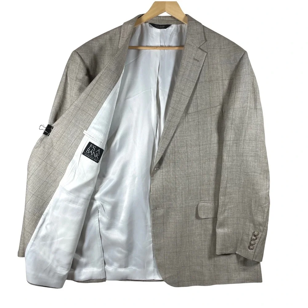 Jos A Bank Linen Silk Wool Executive Blazer 50L Tan Windowpane Plaid Sport Coat